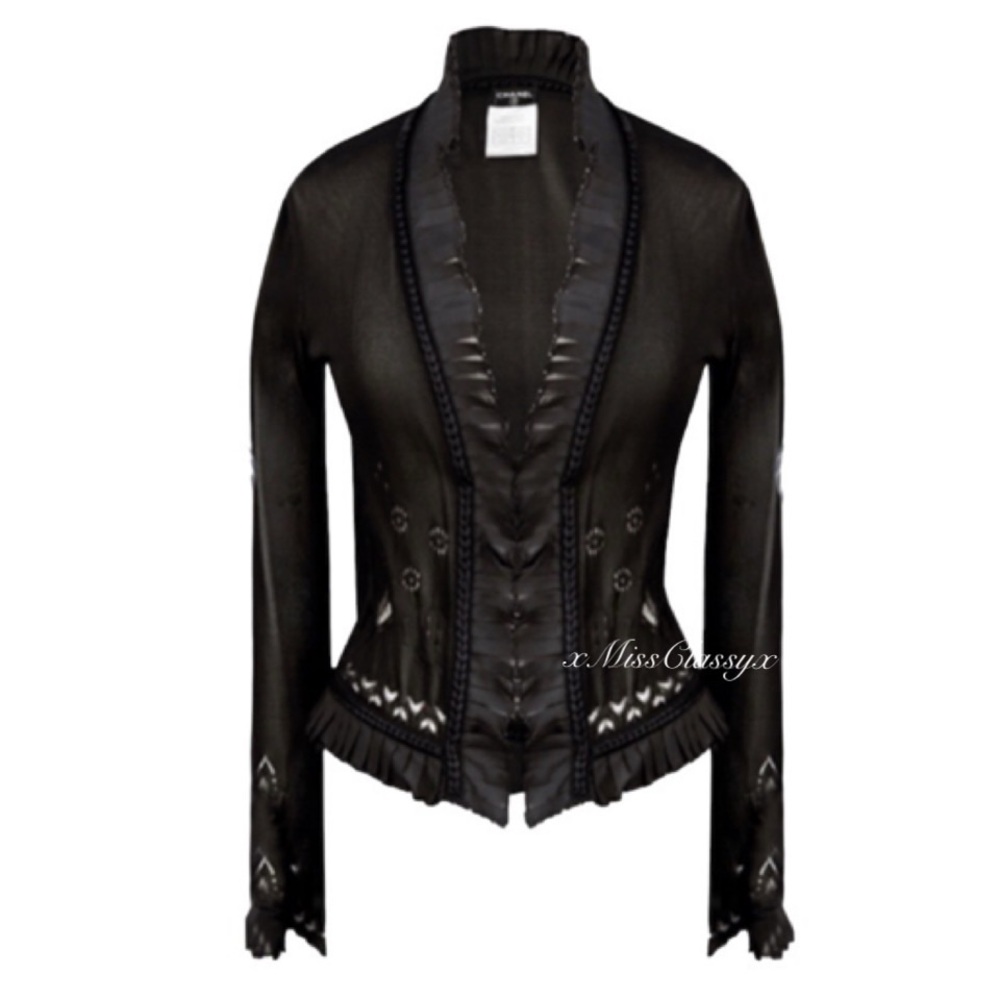 ✨Vintage CHANEL 2002 Collection Black Silk Lace Mesh Ruffle Cardigan Jacket